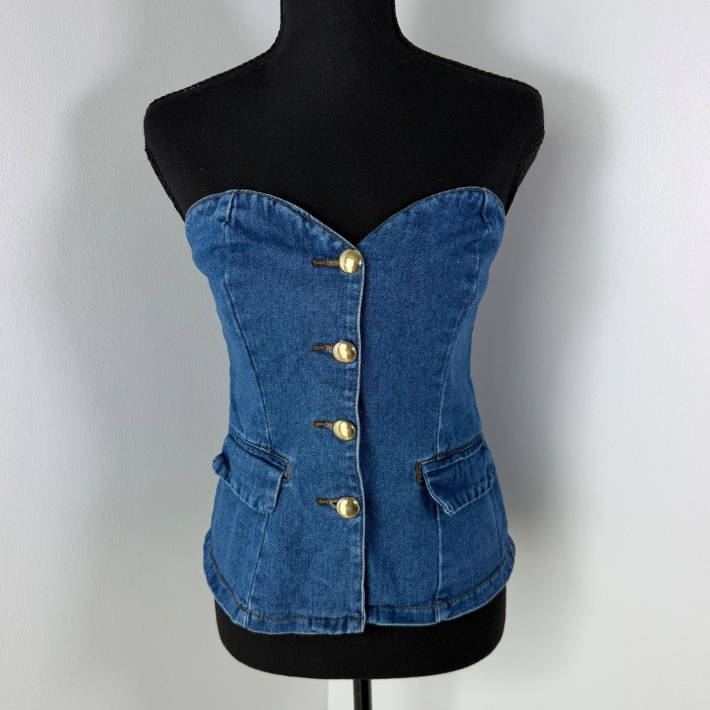 Sincerly Jules Blue Denim Strapless Corset Top with Gold Buttons